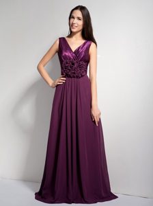 Ruching A-line V-neck Dark Purple Dresses For JS Prom with Brush Train