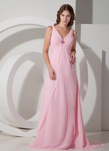 Empire V-neck Baby Pink Beading Chiffon Prom Dress with Brush Train