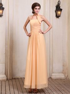 Gold Halter Ankle-length Prom Dress With Ruching in Queensland
