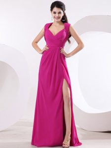 Ruching Straps Fuchsia V-neck For High Slit Prom Dress With Backout