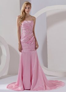 Strapless Mermaid Pink Beading Taffeta Prom Dress with Court Train
