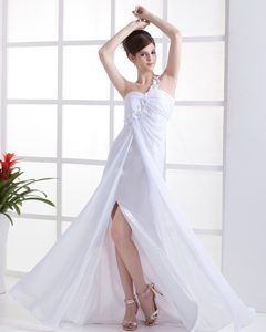 One Shoulder White High Slit Brush Train Prom Holiday Dress