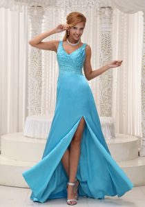 High Slit Aqua Blue Prom Evening Dress For 2013 with Beading Straps