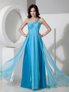 Beading One Shoulder Chiffon Prom Bridesmaid Dress in Baby Blue
