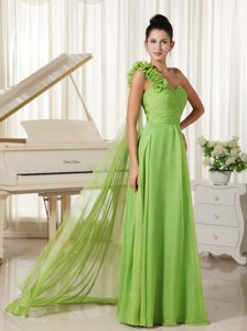Spring Green One Shoulder Hand Flowers Prom Dress with Watteau Train