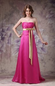 Column Strapless Brush Train Hot Pink Prom Dress with Ruche and Bows