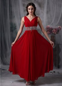 Empire V-neck Red Chiffon Prom Evening Dress with Beading and Ruche