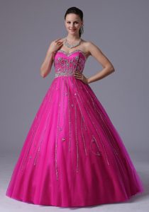 Beaded Sweetheart A-line Tulle Floor-length Prom Dress With in Fuchsia