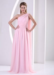 Discount One Shoulder Watteau Ruched Prom Dress in Baby Pink