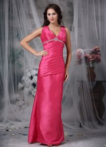 Coral Red V-neck Ankle-length Beading Decorate Dress for Prom