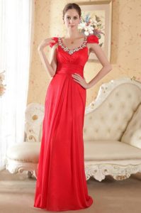 Red Empire Scoop Beading Prom Dress with Caps Sleeves