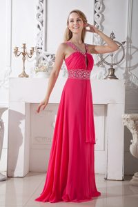 Beaded Keyhole V-neck Floor-length Prom Dress in Hot Pink