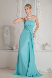 Turquoise Strapless Beading Pleated Prom Dress with Brush Train