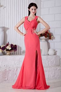Straps Watermelon Ruching Side Slit Prom Bridesmaid Dress