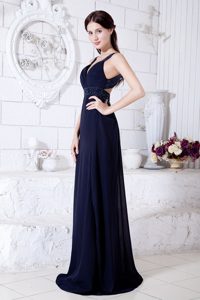 Navy Blue Straps Beaded Prom / Evening Dress with Backout