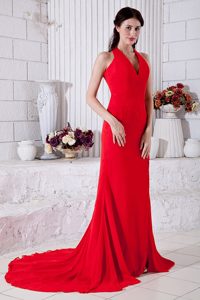 V-neck Red Empire Halter Prom Cocktail Dress with Brush Train