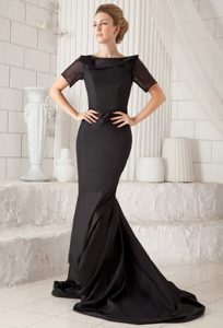 Black Mermaid Bateau Brush Prom Dress With Short Sleeves