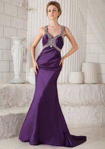 Eggplant Purple Mermaid Brush Beaded Prom Dress with Straps