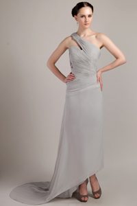Grey Empire One Shoulder Ruching Prom Dress with Brush