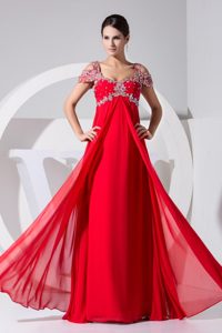Beaded Empire Straps Cap Sleeves Prom Gowns in Red
