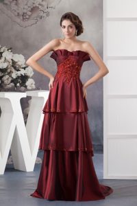 Ruffled Strapless Prom Dresses Layered Wine Red with Brush Train