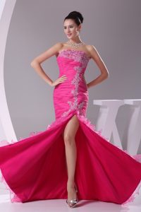 High Low Strapless Slit Prom Gowns with Beading Appliques