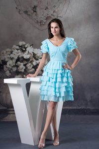 Ruffled Aqua Blue Prom Cocktail Dress with Short Sleeves