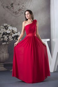 Flowery One Shoulder and Ruches for Prom Dress in Wine Red