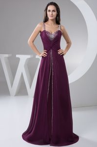 Purple Ruches and Beading for Prom Evening Dress with Brush