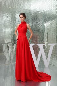 Pretty Chiffon High-neck Red Prom Dress with Court Train