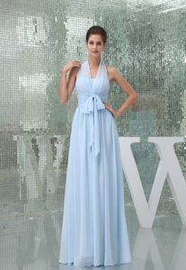 Light Blue Halter Ruched Long Prom Gown Dress with Sash