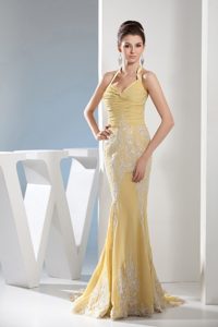 Mermaid Halter Appliques and Pleats for Gold Brush Prom Dress
