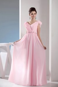 Beading Accent V-neck Pink Prom Dress with Side Zipper
