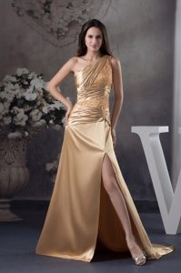 Gold Beading One Shoulder Court Train Prom Evening Dress