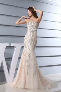 Champagne Beading Mermaid Sweetheart Brush Train Dress For Prom Queen