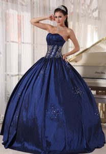 Navy Strapless Floor-length Appliques and Beading Quinceanera Dresses