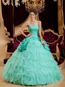 Apple Green Strapless Quinceanera Gown with Ruffles and Beading