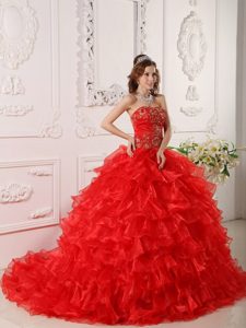Strapless Red Dress For Quinceanera with Ruffles and Embroidery