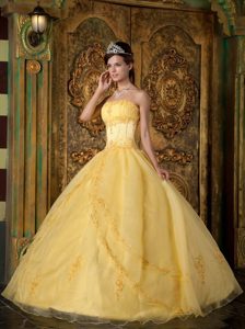 Yellow Ball Gown Strapless Sweet 16 Dresses with Appliques