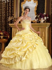 Strapless Yellow Floor-length Pick-ups and Beading Quinceanera Dresses