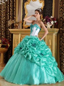 Turquoise Sweetheart Ball Gown Quinceanera Dress with Hand Made flower