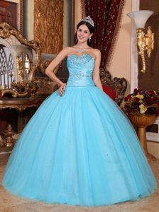 Baby Blue Ball Gown Sweetheart Beading Ruched Quinceanera Dress
