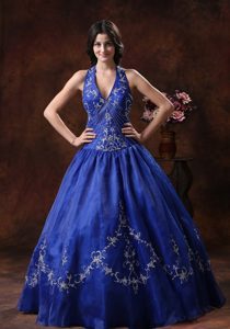 Halter Embroidery Peacock Blue Organza Quinceanera Dresses