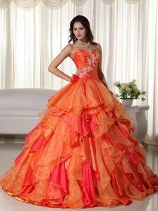 Ruffled Layers Organza Orange Appliques Quinceanera Dresses