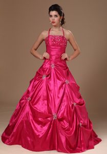 Beading Halter Hot Pink Taffeta Quinceanera Dress with Pick-ups