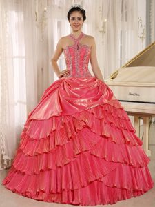 Halter Watermelon Pleating Beaded Organza Dresses for Quinceanera
