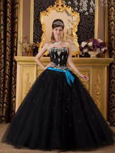 Appliques Black Beading Tulle Quinceanera Dresses with Blue Sash