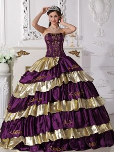 Purple and Gold Embroidery Layered Taffeta Quinceanera Dresses
