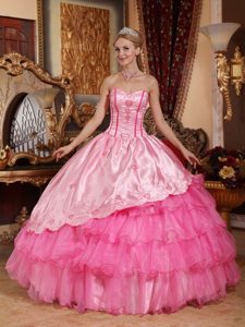 Embroidery Rose Pink Tiered Sweetheart Sweet 16 Quinceanera Dress