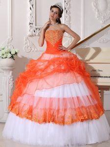 Orange and White Bowknot Appliques Dresses For Sweet Quinceaneras
